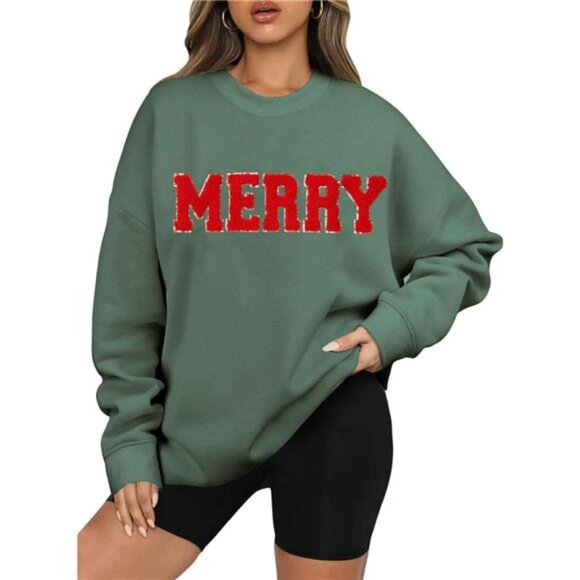 Women’s Merry Christmas Glitter Patch Sweatshirt – Oversized Pullover - Picture 1 of 7